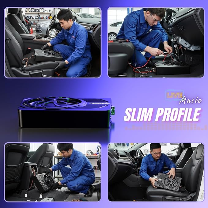 800W Car Subwoofer, 10” Slim Active Powered Subwoofer, Stereo Audio Under Seat Car Subwoofer with Built-in Amplifier, App Controlled Color LED Ambient Lights