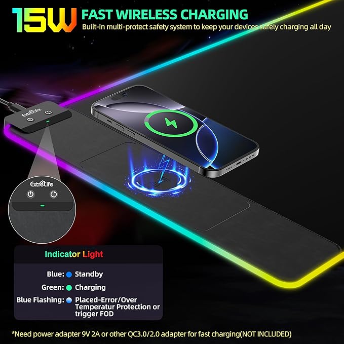 Mouse Pad with Wireless Charging, RGB Gaming Mousepad, Large Desk Mat with Ultra-Smooth Surface, Non-Slip Mouse Mat, Waterproof Computer Keyboard Pad with 18W QC Power Adapter, 800x400x4MM, Black