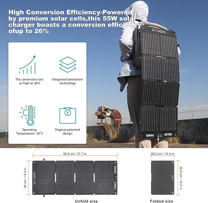 EYONGPV 55W Foldable Solar Panel Charger with Owl-Eye LED, USB-C & USB-A DC Fast Charging, Portable Solar Charger for Camping, Hiking, RV, Outdoor, Compatible with iPhone, iPad, Samsung Galaxy, GPS