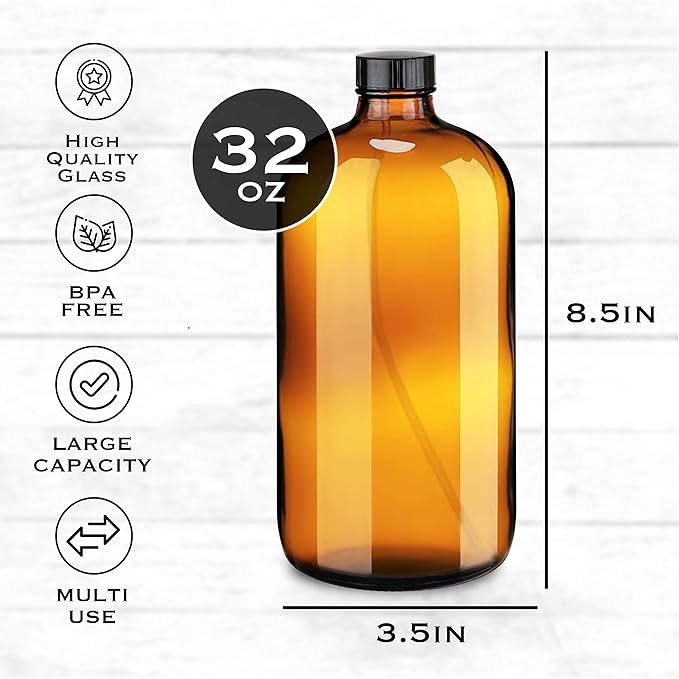 kitchentoolz Large 32oz Amber Glass Gardening Spray Bottles with Funnel - Refillable Trigger Sprayer Container for Plant Misting, Hair Salon, Indoor and Outdoor
