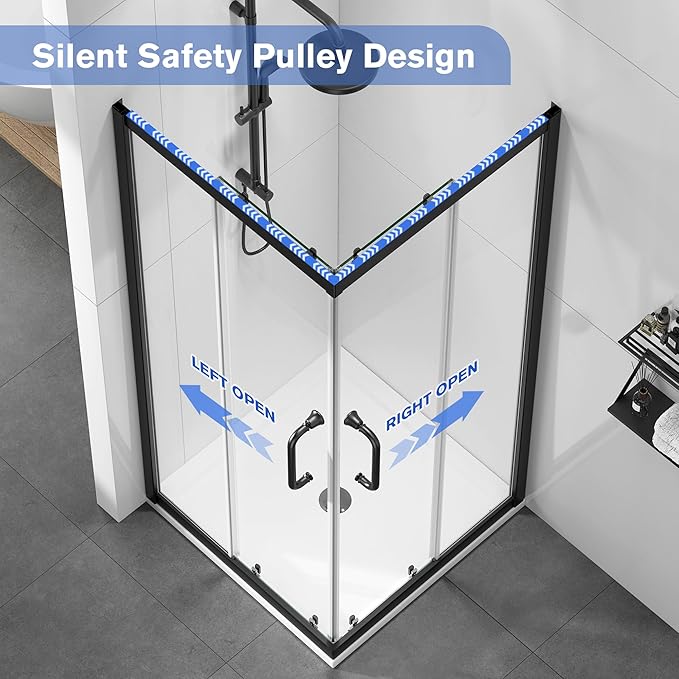 Corner Shower Enclosure 36" W x 36" W x 72" H in Matte Black, Double Sliding Corner Shower Door with Nano Explosion-Proof Film, 1/4" (6mm) Tempered Glass (Shower Base Not Included)