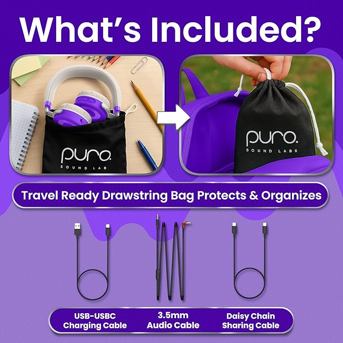 Puro Sound Labs JuniorJam Plus Volume-Limiting Wireless Bluetooth Headphones for Kids, Secure Audio with Adjustable On-Ear Design, 22-Hour Battery Life, Ideal for Tablets, Smartphones & PCs - Purple