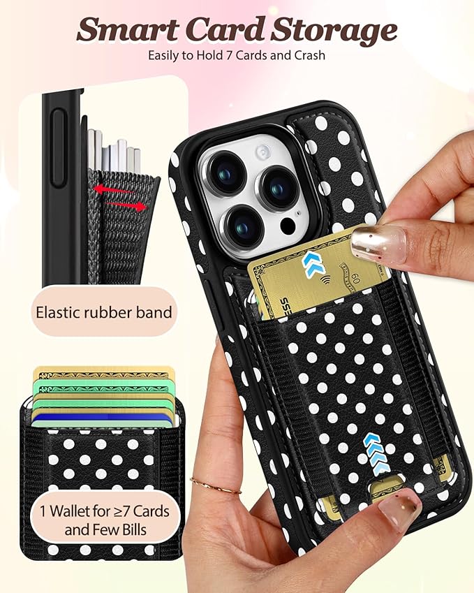Shorogyt for iPhone 13 Pro Wallet Case - Fits 5 Cards, Compatible with Magsafe Detachable Magnetic Credit Card Holder Leather Cardholder Cute Phone Cover Women Girls for Apple 13Pro, Polka Dots