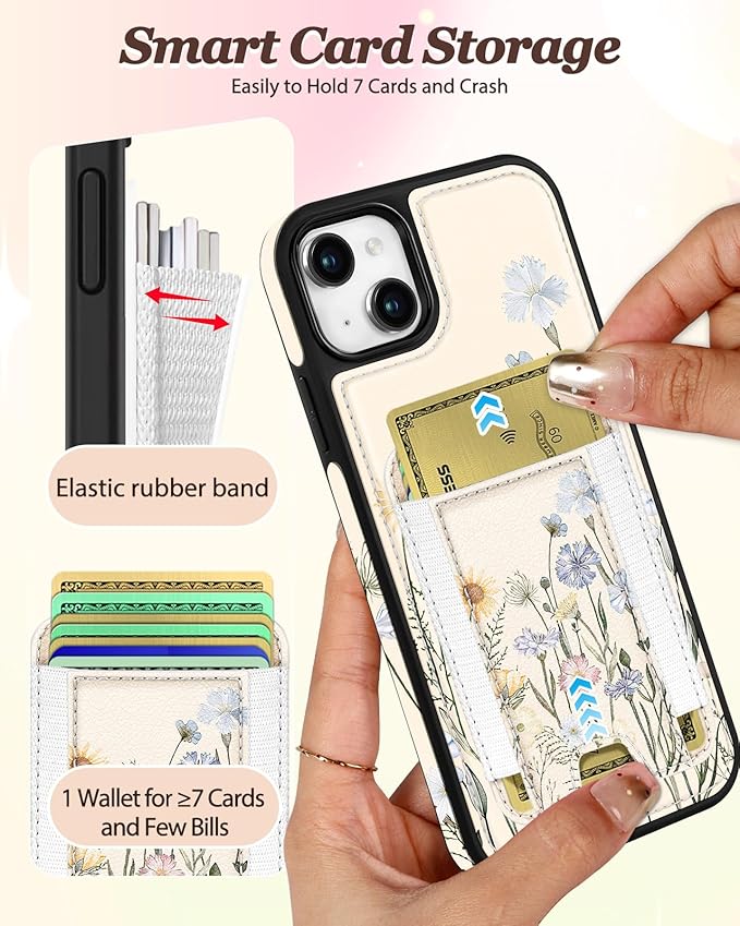 Shorogyt for iPhone 15 Plus Case Wallet - Fits 5 Cards, Compatible with Magsafe Detachable Magnetic Credit Card Holder Leather Cardholder Cute Phone Cover Women Girls for Apple 15Plus, Color Flower
