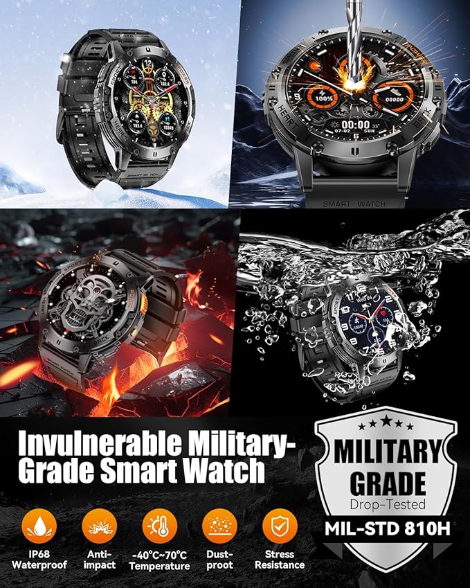 Military Smart Watches for Men with Bluetooth Call, 1.43" AMOLED Waterproof Smartwatch with Flashlight, 111 Sport Modes, 530mAh Heart Rate/Sleep Monitor for Android iOS