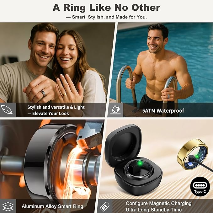 Smart Ring for Women Men, Fashion Minimalist Fitness Ring & Sleep Tracker Ring with Heart Rate, Blood Pressure,5ATM Waterproof Health Ring, No Subscription, Gifts for Women Men Gift (Black,11)