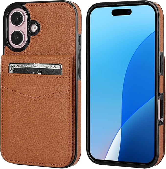 KIHUWEY Compatible with iPhone 16 Case Wallet with Credit Card Holder, Flip Premium Leather Magnetic Clasp Kickstand Heavy Duty Protective Cover for iPhone 16 6.1 Inch (Lichee Light Brown)