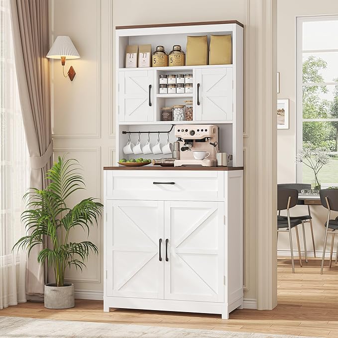 Semoic 69.3" Tall Kitchen Pantry Cabinet, Farmhouse Large Storage Cabinet with 2 Barn Doors, 1 Drawer and Storage Shelves, Buffet Cupboard Kitchen Hutch with Wide Countertop and Charge Holes, White