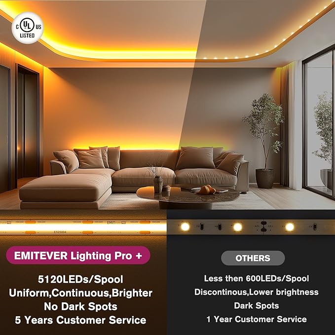 EMITEVER COB LED Strip Lights Warm White, 2700K Tape Light Premium High Density, DC 24V, 400+Lumens/ft, 5120LEDs/Spool, Ra 90+, 32.8ft/10m,UL Listed 5 Year After-Service(Power Supply Sold Separately)
