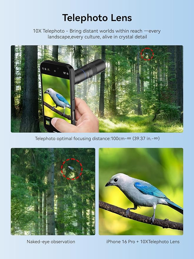 MIAO LAB HD 10X Telephoto Lens & 200mm Macro Lens, 2-in-1 Aluminum Phone Camera Lens Kit with 17mm Lens Thread Interface Mobile Phone case. Phone Lens Attachment Fit for iPhone 16 Pro