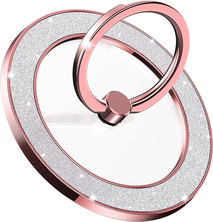 Magnetic Phone Ring Holder for MagSafe Cell Phone Grip Stand Finger Ring Stand Compatible with iPhone 17 16 15 14 13 12 Pro Max MagSafe Accessories Android. (Glitter Rose Gold)