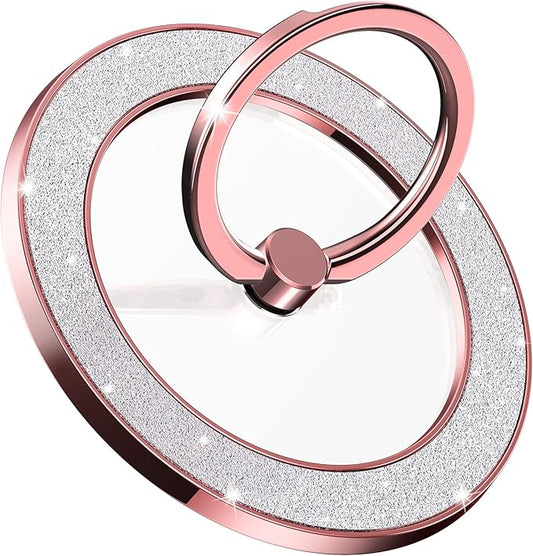 Magnetic Phone Ring Holder for MagSafe Cell Phone Grip Stand Finger Ring Stand Compatible with iPhone 17 16 15 14 13 12 Pro Max MagSafe Accessories Android. (Glitter Rose Gold)