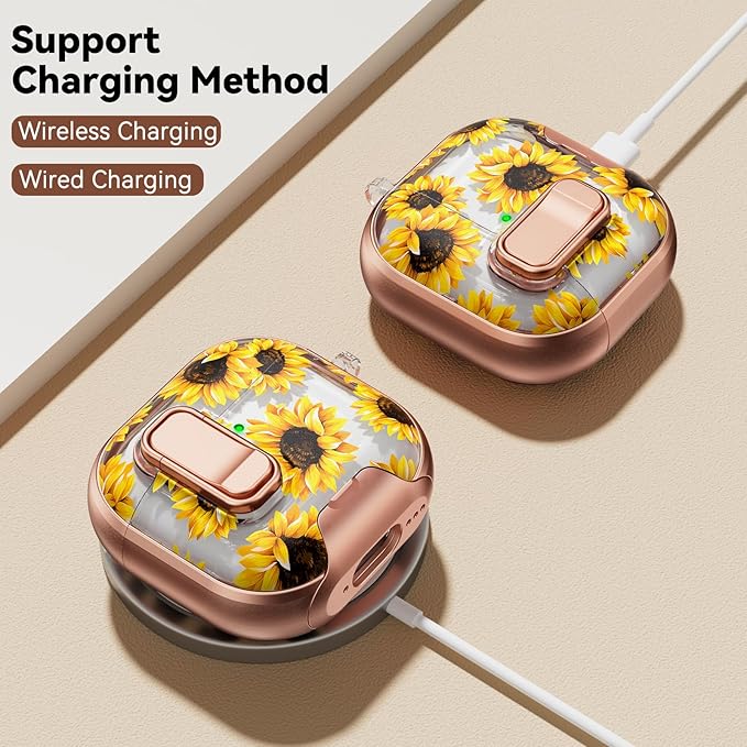 for AirPods 4 Case, with Safty Lock & Phone Stand for Floral AirPods 4th Generation Case Cover for Women Girly, iPod 4 Case with Keychain & Cleaner Kit - Yellow Sunflower