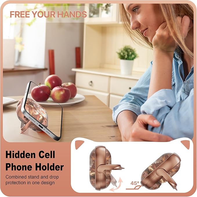 RFUNGUANGO AirPods Pro Case for Women Girly Cat Case with Lock, Phone Stand, Keychain & Cleaner Kit, Compatible with Apple Airpods Pro 2nd/1st Generation Case Cover, Rose Gold Peony