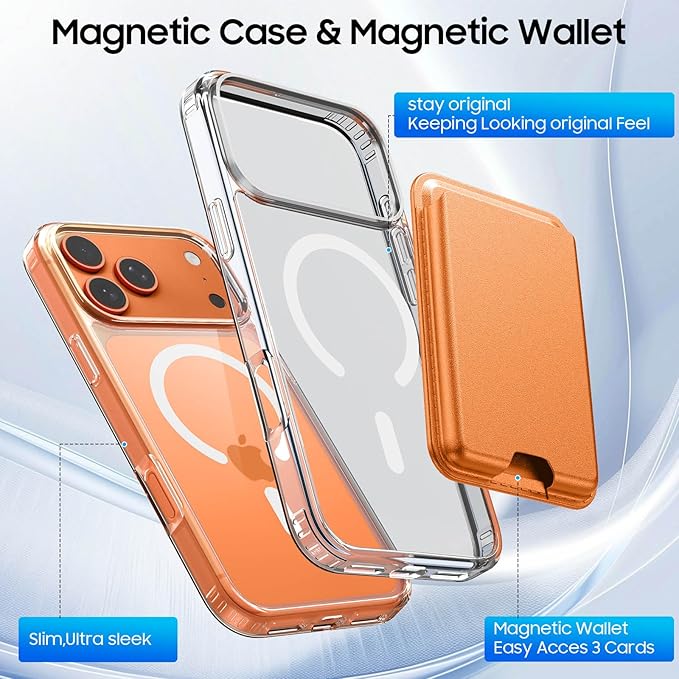 Magnetic for iPhone 17 Pro Max Clear Case with Orange Detachable Wallet, Compatible with MagSafe, Credit Card Holder with Slim Shockproof Protective Phone Cover