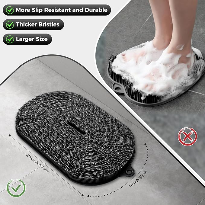 Shower Foot Scrubber - XXL Large Silicone Bath Mat for Exfoliating & Massaging Feet in Shower, Non-Slip Suction Cups, Dead Skin Remover, Callus Cleaner for Men & Women, 20.9"x13.8" Black