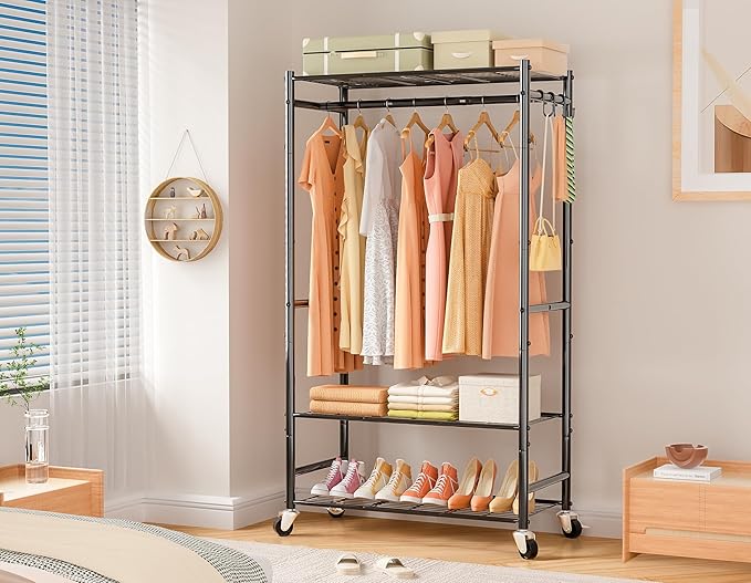 Rolling Clothes Rack for Hanging Clothes,Heavy Duty Garment Rack with 3 Tier Wire Shelves,Freestanding Portable Clothing Rack Wardrobe Rack, Black
