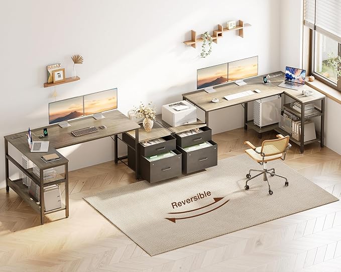 Casaottima L Shaped Desk with Drawers & File Cabinet, 63 Inch Computer Desk with Storage Shelves & CPU Stand, Corner Desk with Power Outlets, Reversible L Desk for Home Office, Grey