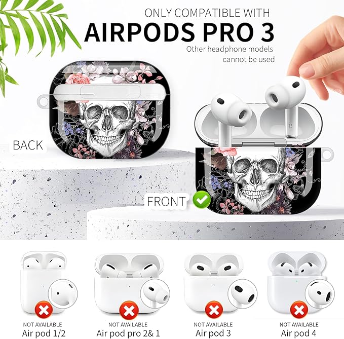Compatible with AirPod Pro 3rd Generation Case 2025,Fashion Protective Cover with Keychain, Anti-Scratch, Drop Protection,Shockproof Cover for AirPod Pro 3 Women(Flower Skull Skeleton)