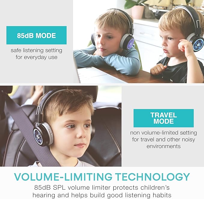 MEE audio KidJamz Share Bluetooth Headphones for Kids with LED Lights, 85dB Volume Limiter, Microphone, 40h Battery; Childrens Headset for School/iPhone/iPad/Tablet (Model: KJ55BT-S, 2-Pack)