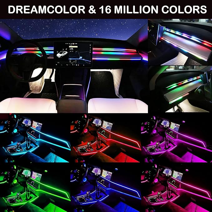 Interior Car LED Strip Lights, RGB 6 in 1 Dynamic Dreamcolor Chasing Acrylic LED Lights for Car, USB Powered Ambient Lighting Kits with Wireless APP, Sound Active Function Car Neon Lights (6 in 1)