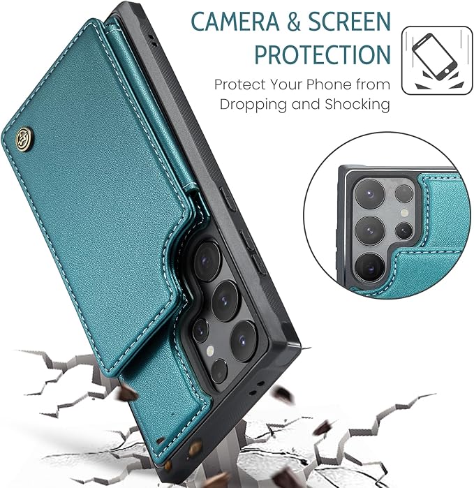 Bemal for Samsung Galaxy S25 Ultra Wallet Case with Card Holder, RFID Blocking, Shockproof Leather Kickstand for Men and Women, Durable Protective Phone Cover for 6.9", Bluish Green