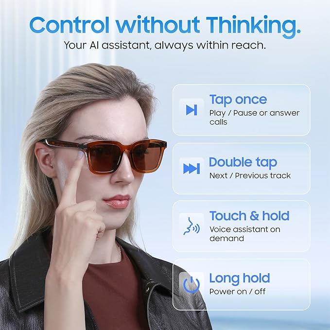 LIMU Gen 5 Smart Glasses, AI Glasses with Real-Time AI Interpreter - Open-Ear Bluetooth Glasses with Speakers, Volume & Touch Control, Wear-Sensor Auto On/Off, Brown TR90 Frame for Women & Men