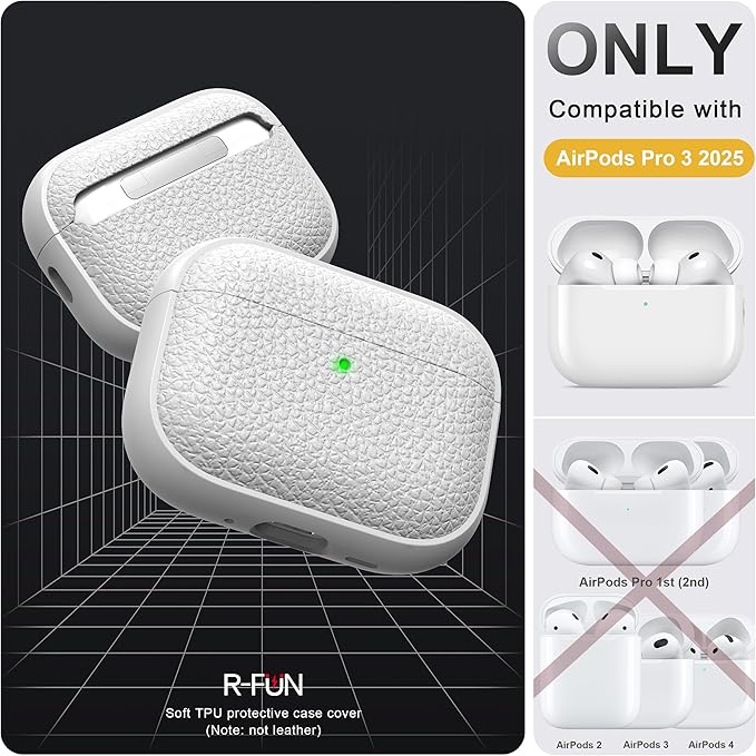 R-fun for AirPods Pro 3 Case 2025, Soft TPU (Leather-Like Design) Drop Protection Cover for Men and Women with Lanyard and Cleaner Kit, Compatible with Apple AirPods Pro 3rd Generation-White