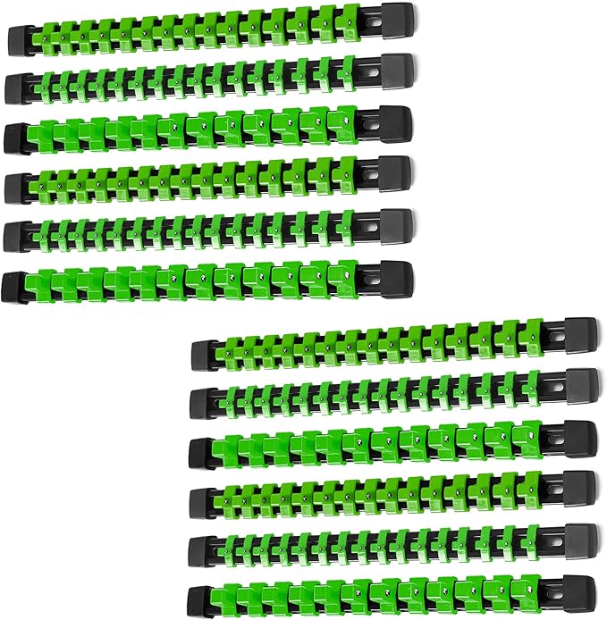 ALOANES 12PC ABS Socket Organizer, Socket Rails Fit 1/2 inch, 3/8 inch and 1/4 inch Drive, Heavy Duty Socket Holders Hold up to 172 Sockets, Black Rails with Green Clips