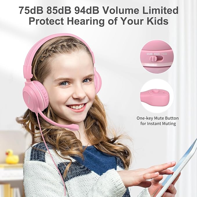 SIMOLIO Kids-Headphones with Microphone for School, 75/85/94 dB Wired Headphones with Boom Mic for iPad, PC, Laptop, Gaming, On Ear Pink Stereo Corded Headsets for Girls, Children, Teens, Students