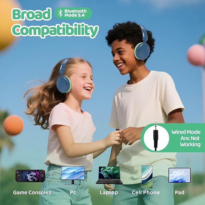MIDOLA Active Noise Cancelling Kids Headphones Bluetooth 5.4 Wireless Volume Limited 85/94dB,Type C Fast Charging,Over Ear Foldable with Mic Aux Cord for Toddler Child Pad Tablet Blue