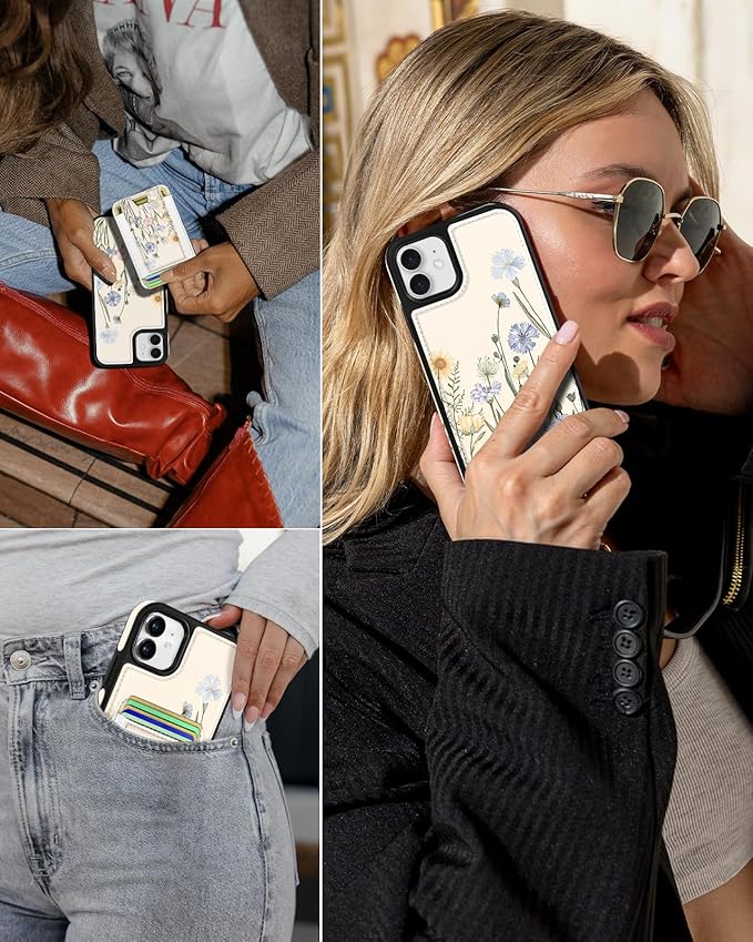 Shorogyt for iPhone 11 Wallet Case - Fits 5 Cards, Compatible with Magsafe Detachable Magnetic Credit Card Holder Leather Cardholder Cute Phone Cover Women Girls for Apple 11, Color Flower