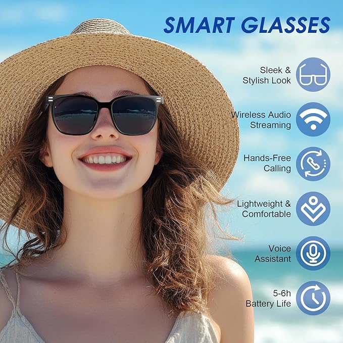 Smart Glasses - Anti Blue Light & Photochromic Bluetooth Sunglasses, UV Protection, Hands-Free Calls & Audio, Voice Assistant for Men/Women