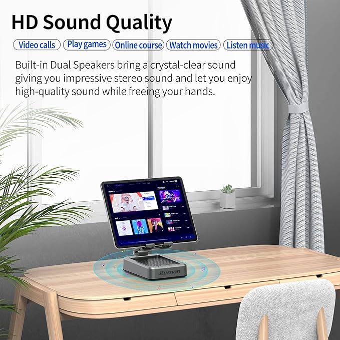 Jteman Wireless Bluetooth Speaker Tablet Stand, Adjustable with Bluetooth Speakers,Gifts for Women Men,Kitchen Gadget for Men,Compatible with Phones and Tablet (4.0-12.9'') - Graphite