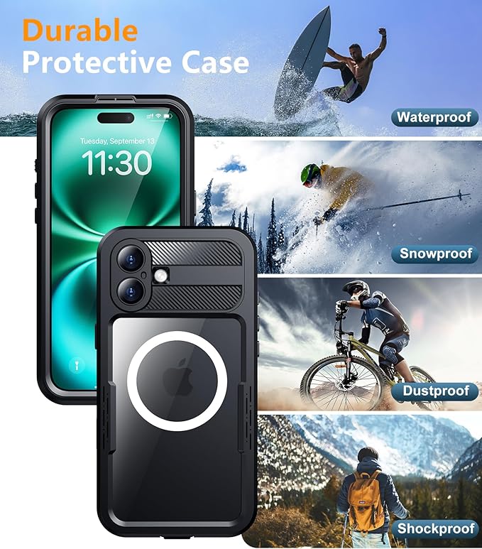 Red2Fire Magnetic for iPhone 16 Case Waterproof, [Built-in Screen Protector][Compatible with MagSafe] [Full Body Shockproof] [Dustproof] Heavy Duty Rugged Phone Cover 6.1" Black