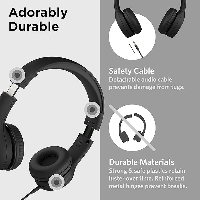 LilGadgets Connect+ Style On-Ear Kids Headphones with Microphone - SharePort Technology, SoftTouch Padding, Detachable Cable, Volume Limiting, Durable & Adjustable - Black