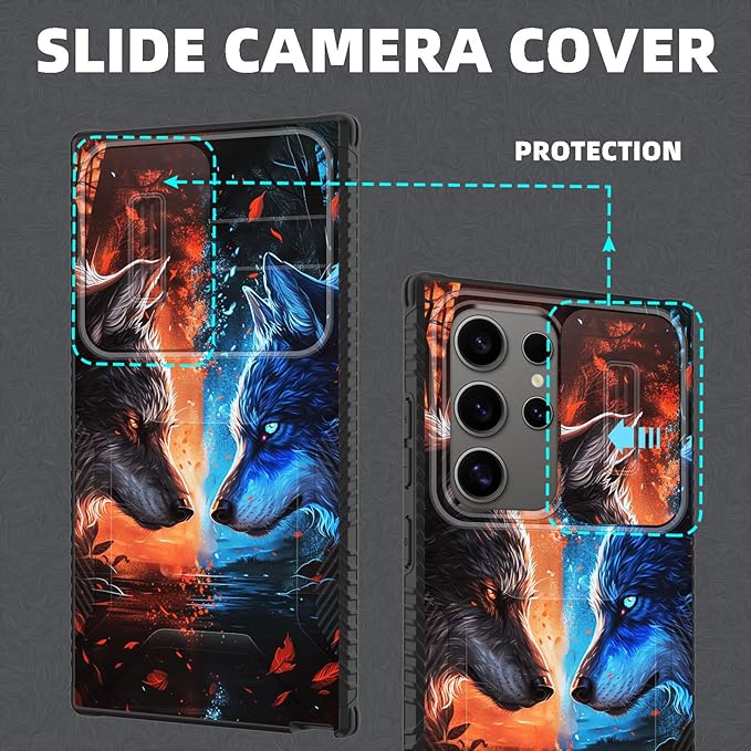 for Galaxy S25 Ultra Case Built in Slide Camera Lens Cover,Heavy Duty Shockproof Protection Dual Layer Case for Samsung Galaxy S25 Ultra 6.9" 2025,Cool Wolf