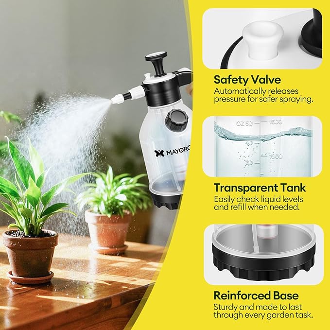 50oz Pump Sprayer, Hand Water Spray Bottle for Indoor Plant, Clear Plant Sprayer with Side Filling Port, Measuring Cup, Adjustable Nozzles, Safe Pressure Relief Valve