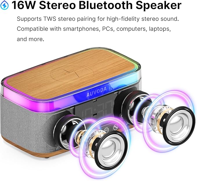 S300 16W Stereo Bluetooth Speaker with 15W Fast Wireless Charging, 13-Color Night Light, Alarm, White Noise, FM Radio, Portable, TWS, BT5.3, for PC, Smartphone, Home, Office & Bedroom (Wood)