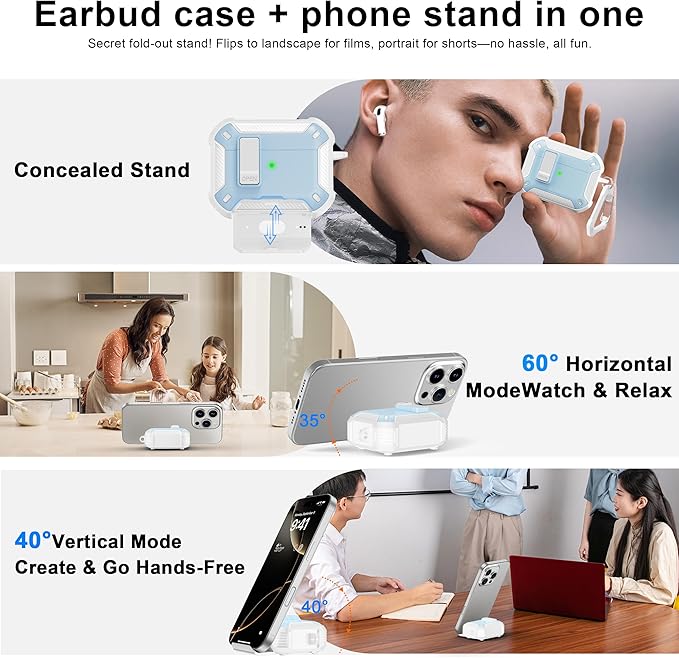 RFUNGUANGO Compatible with Airpods Pro Case 2nd / 1st Generation Protective Case, Compatible with MagSafe, with Cleaning Kit & Keychain,Phone Stand,Magnetic Automatic Lock, Visible LED, White-Blue