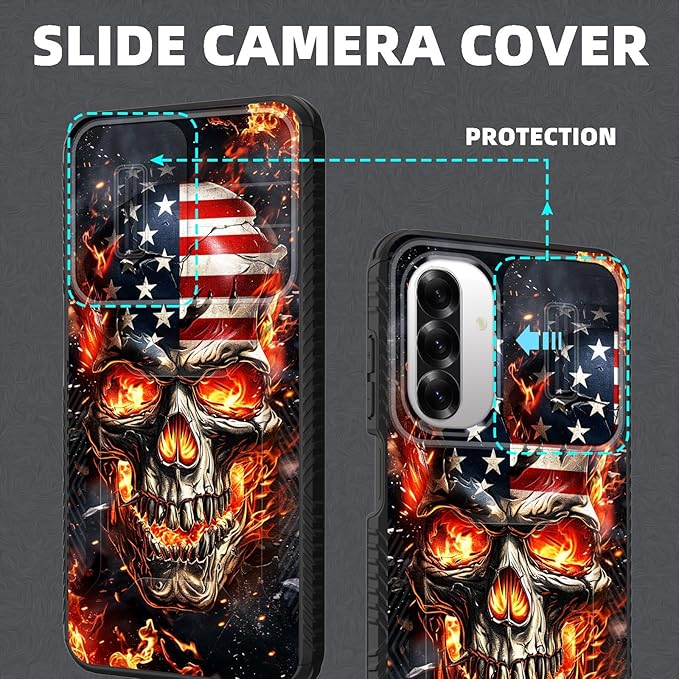 for Galaxy A26 5G Case Built in Slide Camera Lens Cover,Heavy Duty Shockproof Protection Dual Layer Case for Samsung Galaxy A26 5G 6.7" 2025,American Flag Flame Skull