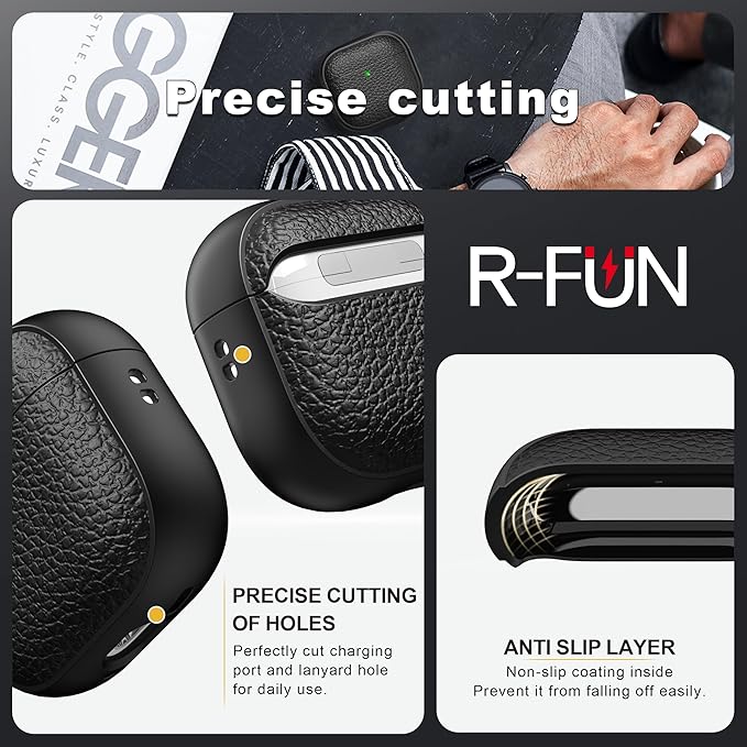 R-fun for Airpods 4 Case, Soft TPU (Leather-Like Design) Drop Protection Cover for Men and Women with Lanyard and Cleaner Kit, Compatible with Apple Latest Airpods 4th Gen(USB-C)(2024)-Black