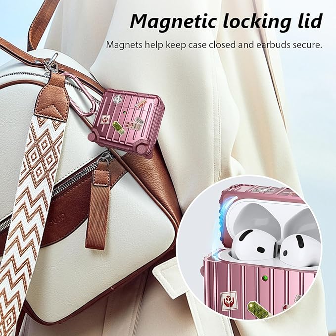 Filoto Compatible with Airpods 4 Case, Cute Fashion Suitcase Design for Airpods 4th Generation Case Cover, Shockproof Protective Hard Case with Keychain/Cleaner Kit(Rose Gold, Airpods 4 Case)