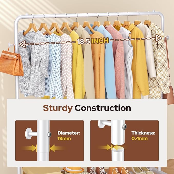 Clothes Rack With Storage Shelves and Coat/Hat Hook, Metal Clothing Rack for Hanging Clothes, Garment Rack for Bedroom, Laundry, Living Room, White