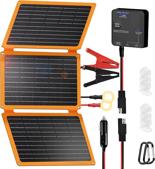 FieryRed 30W 12V Solar Panel Car Battery Charger & Maintainer, Portable Waterproof Trickle Charger with Built-in Controller, Cig Plug, Alligator Clips, USB-C, USB-A Outputs for Car, Boat, RV, Tractor