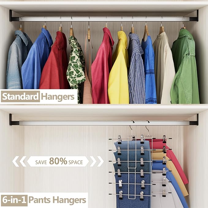 2Pack Pants & Skirt Hangers Space Saving Hanging Closet Organizer and Storage, Upgrade Skirt Hangers with Clips and 360° Swivel Hook -Closet Storage