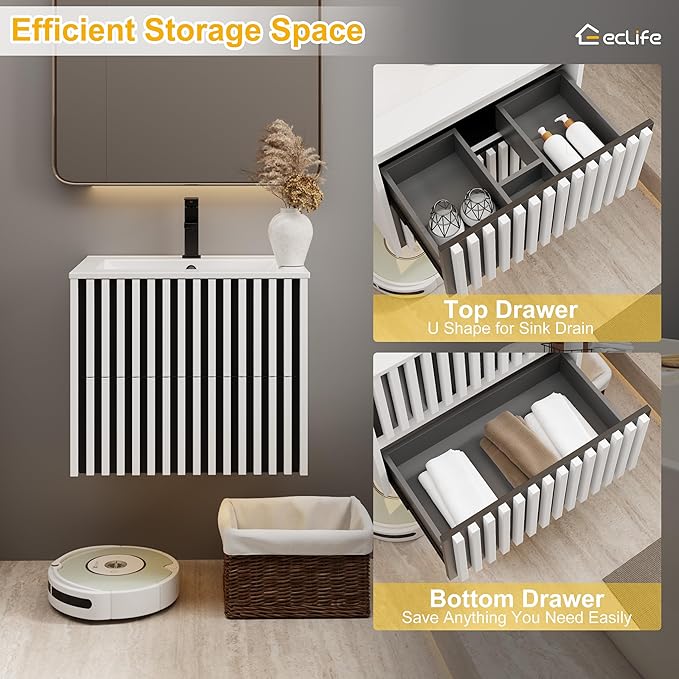 eclife 24" Floating Bathroom Vanity with Sink Combo, Modern Wall Mounted Cabinet with 2 Fluted Drawers, Undermount Sink, Faucet, Drain, Mixed White