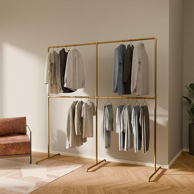 pamo Gold Clothing Rack – 76.77" W x 76.38" H – Industrial Pipe Metal Garment Organizer for Bedroom or Retail – Heavy-Duty Clothes Rack – Easy Assembly