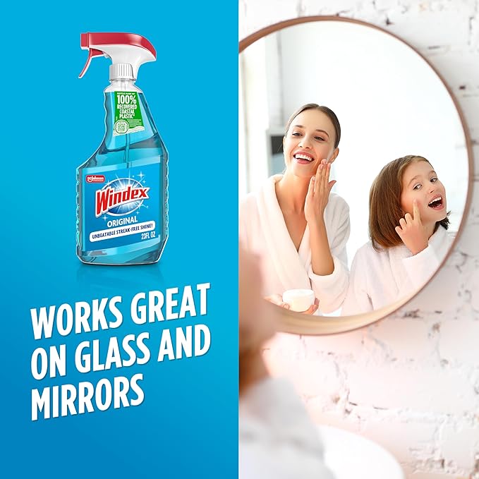 Windex Glass and Window Cleaner Spray Bottle, Packaging Designed to Prevent Leakage and Breaking, Surface Cleaning Spray, Original Blue Scent, 23 Fl Oz (Pack of 2)