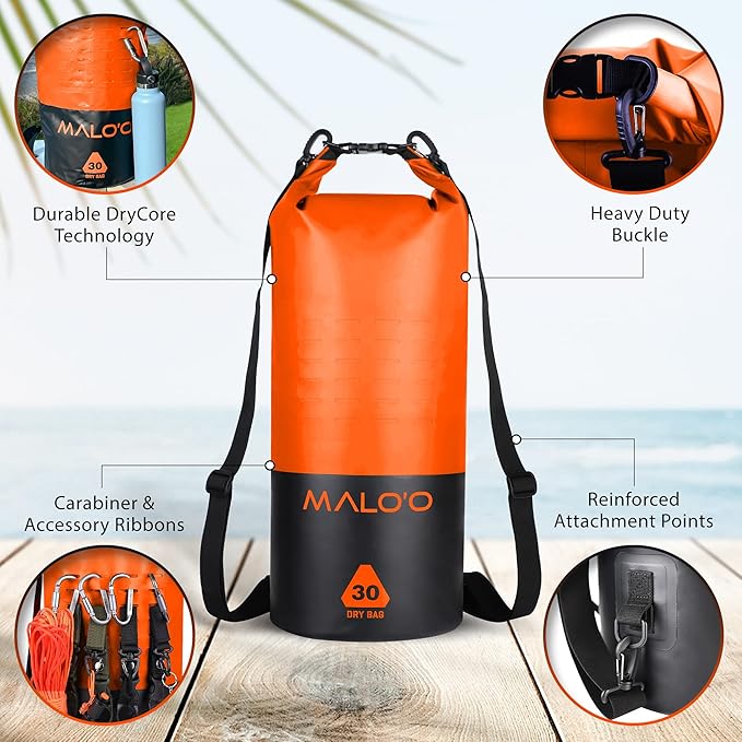 Malo?™o DryPack 30L Waterproof Kayak Dry Bag, Heavy Duty Roll-Top Dry Bag with MOLLE Grid and Carry Straps for Fishing, Paddle Boarding, Boating, Camping, and Travel, Orange